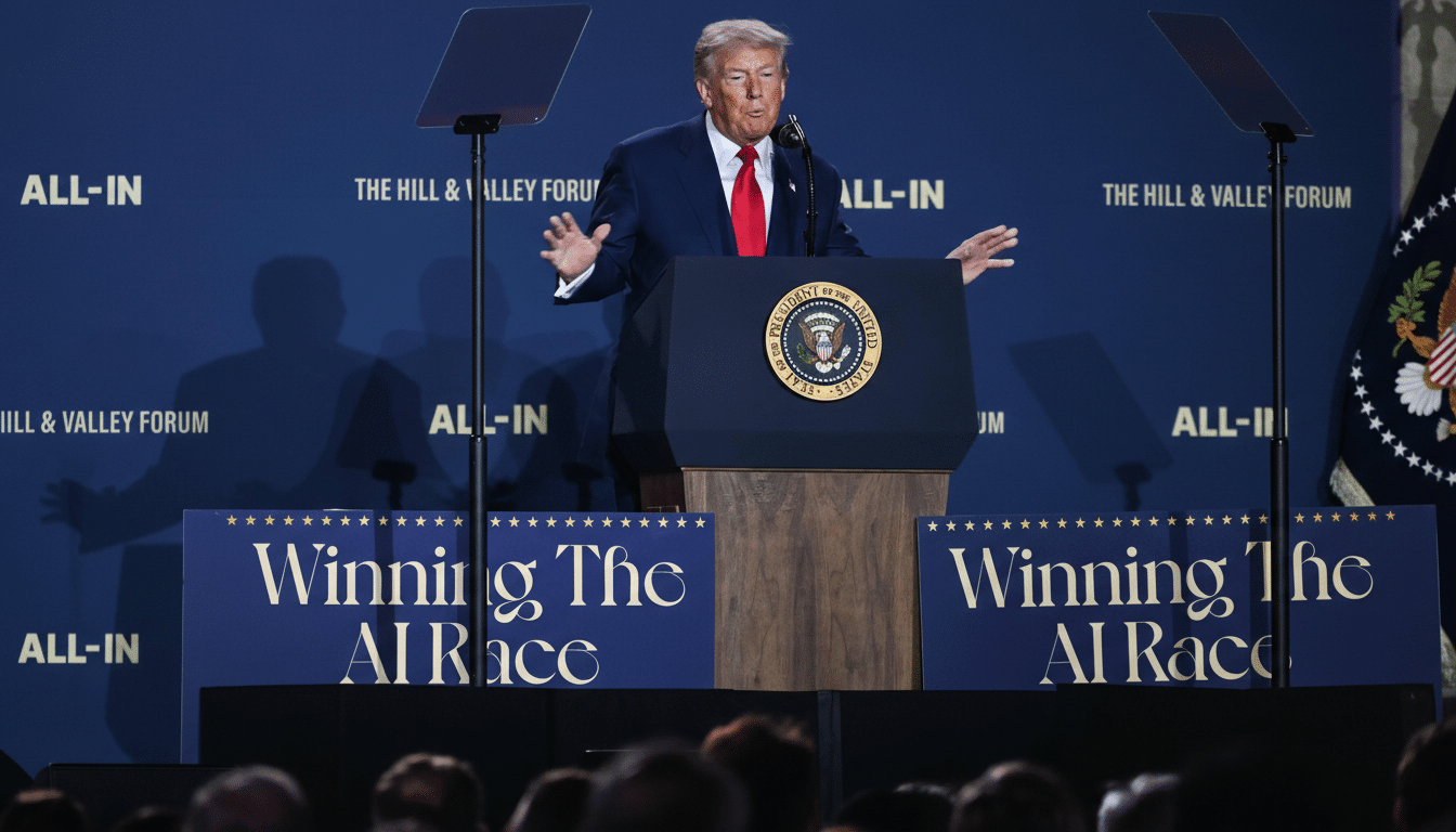 Donald Trump speaking at a podium with a dark blue background that reads ALL-IN and Winning The AI Race.