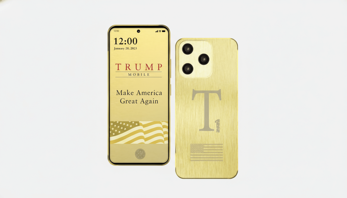 A gold-colored smartphone with TRUMP MOBILE and Make America Great Again on the screen, next to its gold-colored back with a large T and an American flag design, presented on a light gray background.