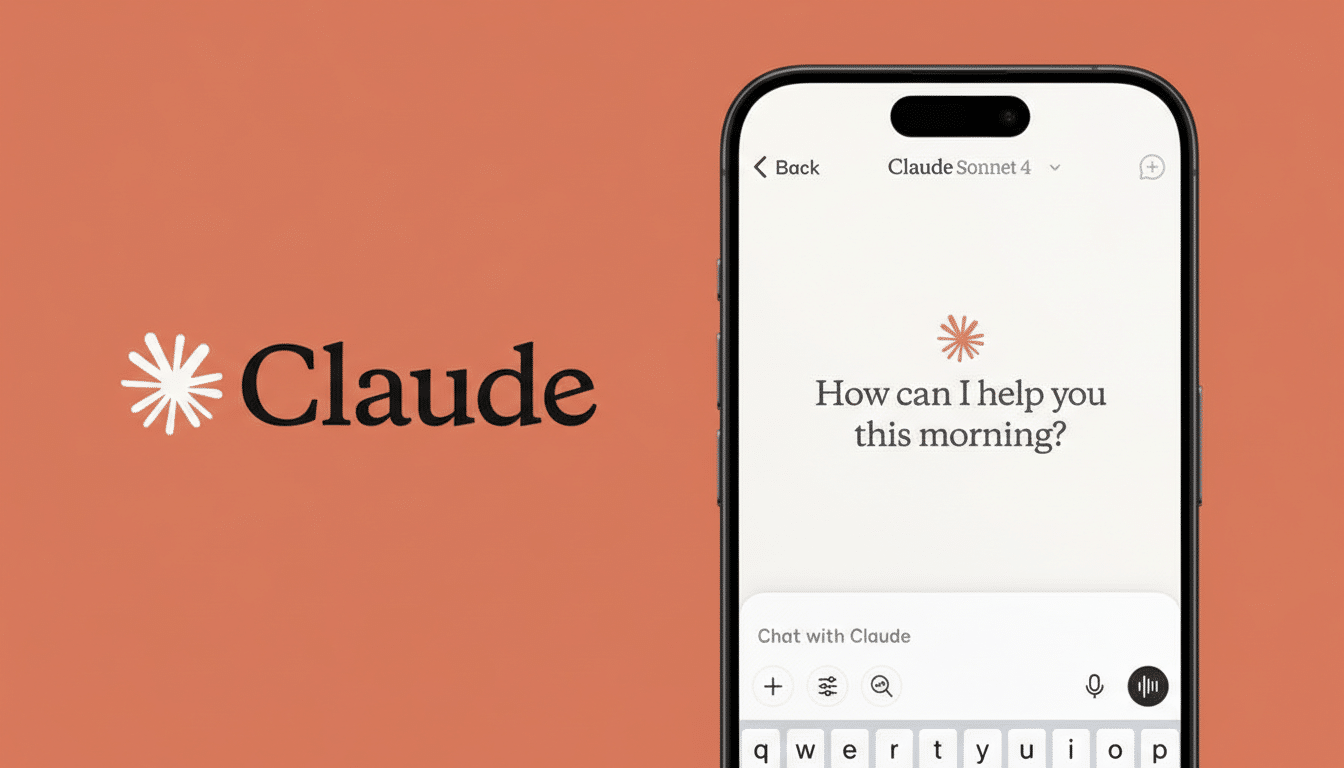 A smartphone displaying the Claude AI interface next to the Claude logo on an orange background.