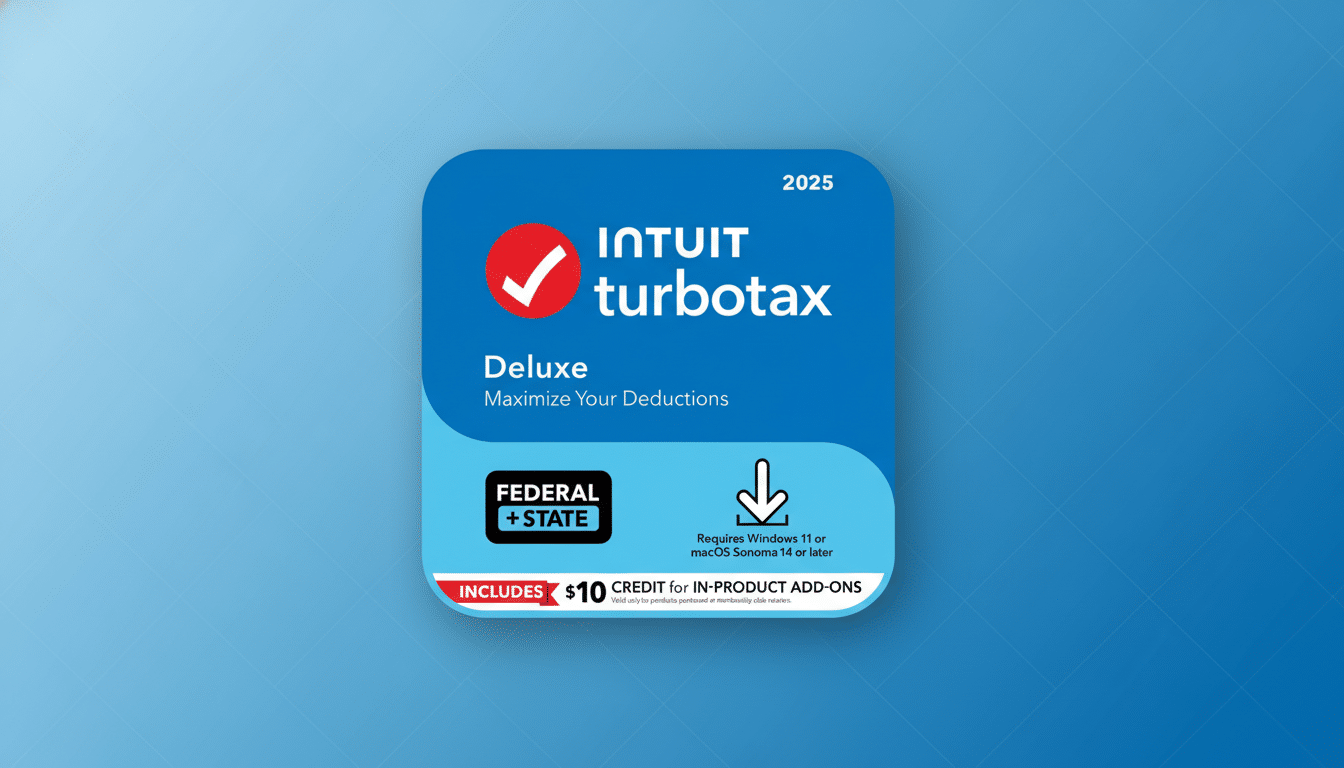 A 16:9 aspect ratio image of the Intuit TurboTax Deluxe 2025 software box art, featuring a blue background with a subtle gradient and soft wave patterns. The original box art, which is blue with white text and a red checkmark logo, is centered on the new background. Text on the box includes INTUIT turbotax, Deluxe, Maximize Your Deductions, FEDERAL + STATE, Requires Windows 11 or macOS Sonoma 14 or later, and INCLUDES $10 CREDIT for IN-PRODUCT ADD-ONS.