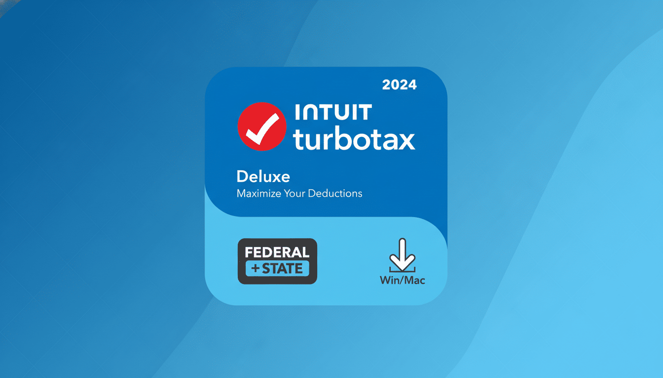 The Intuit TurboTax Deluxe 2024 software box art, resized to a 16:9 aspect ratio with a professional flat design background featuring soft blue gradients.