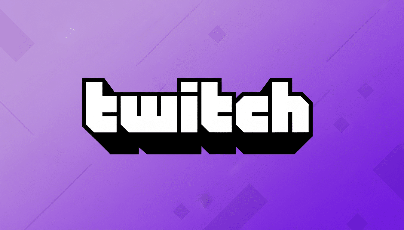 The Twitch logo, featuring the word twitch in white, blocky letters with a black outline, set against a professional 16:9 aspect ratio background with a purple gradient and subtle geometric patterns.