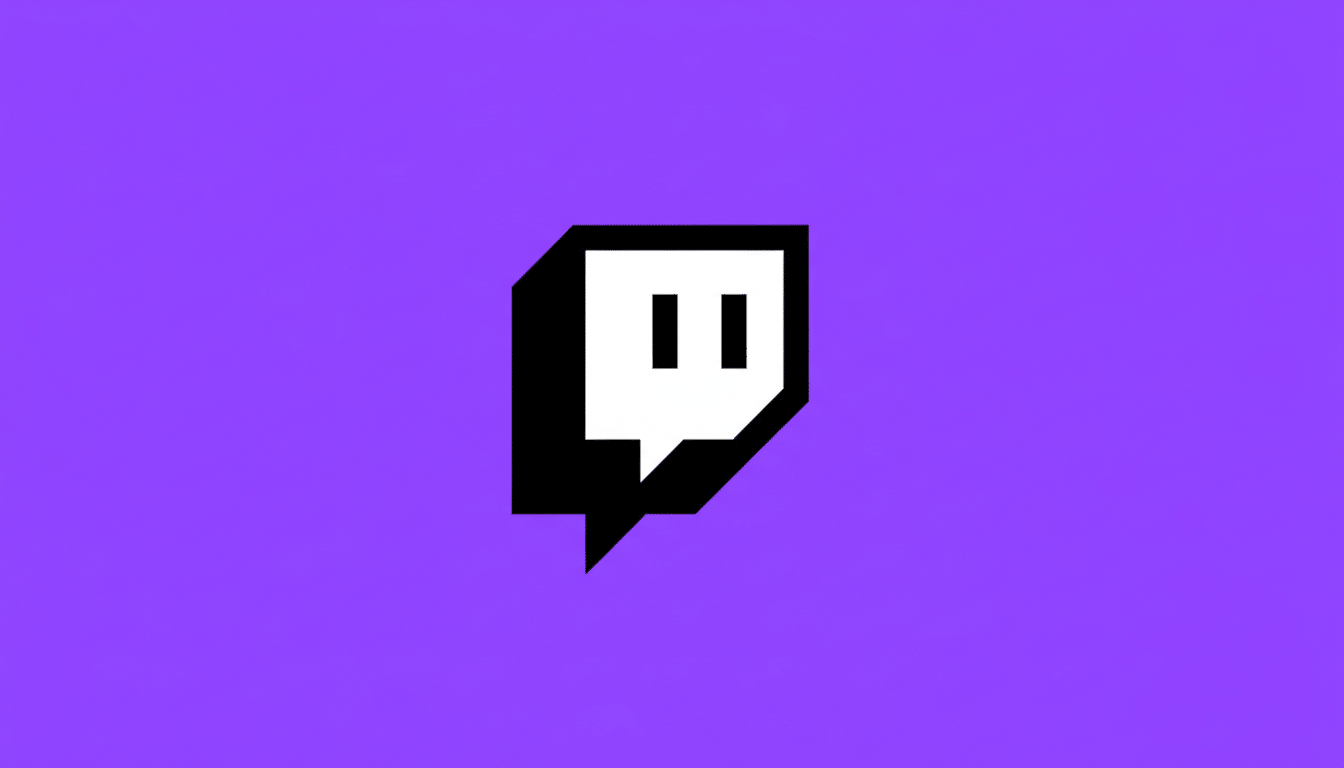 The Twitch logo, a white speech bubble with two vertical black lines inside, on a solid purple background, resized to a 16:9 aspect ratio.
