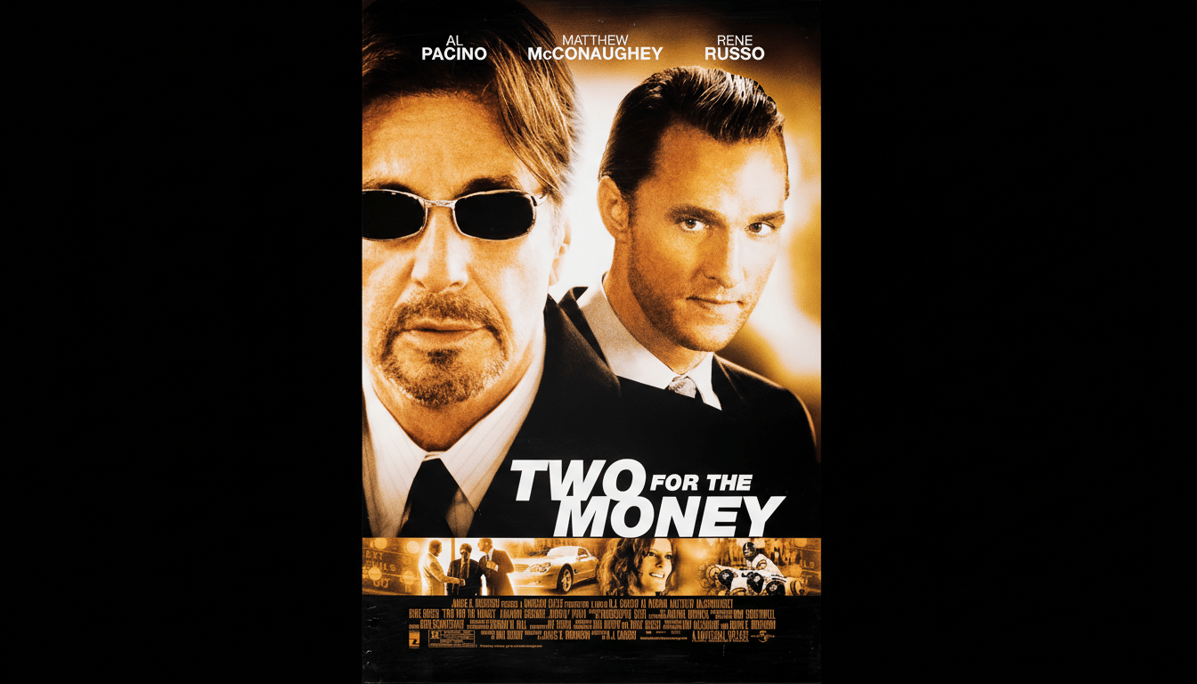 A movie poster for Two for the Money featuring Al Pacino and Matthew McConaughey, resized to a 16:9 aspect ratio with a black background.