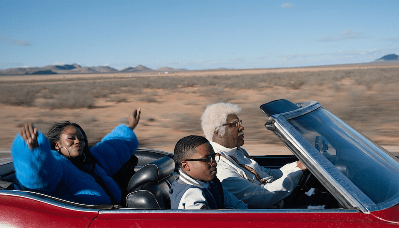 Three people in a red convertible driving through a desert landscape.