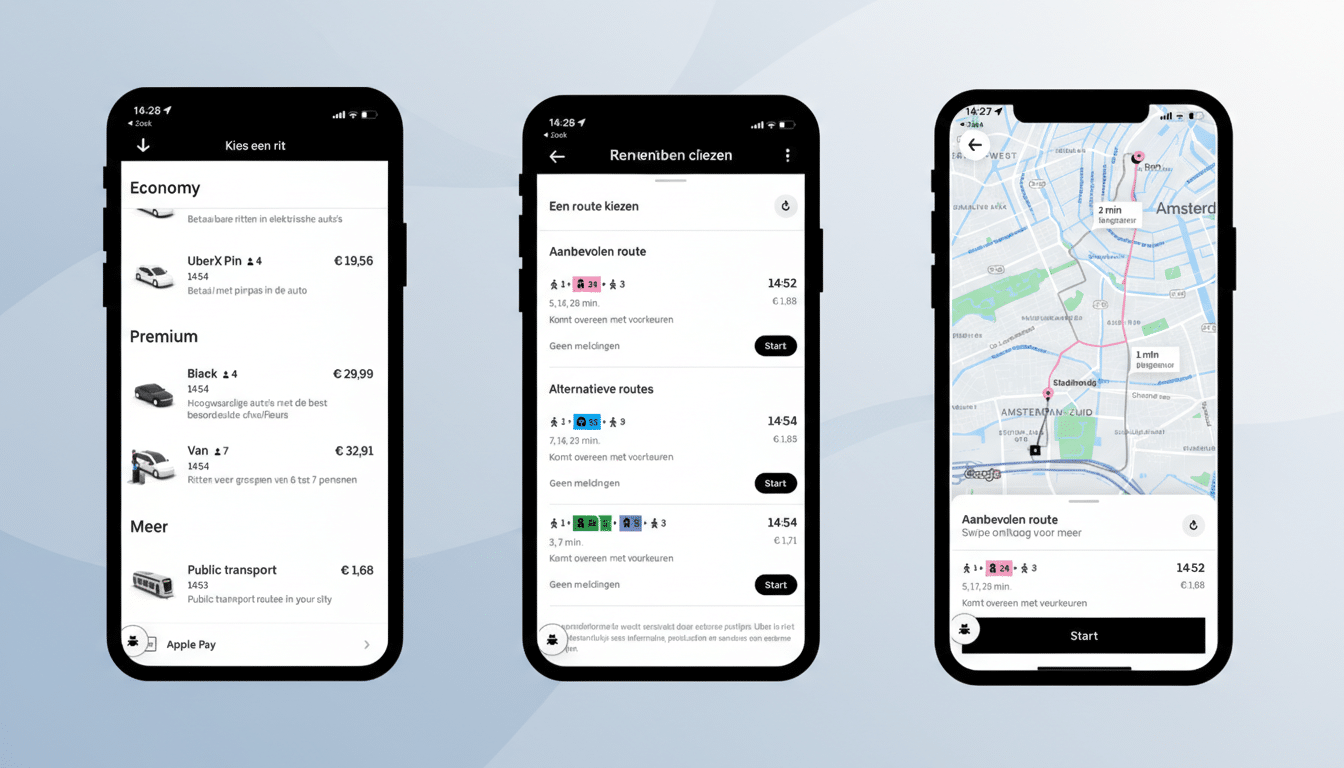 Three smartphone screens displaying a ride-sharing app interface, set against a professional light gray background with subtle diagonal lines. The screens show options for ride types, route selection, and a map view of Amsterdam.