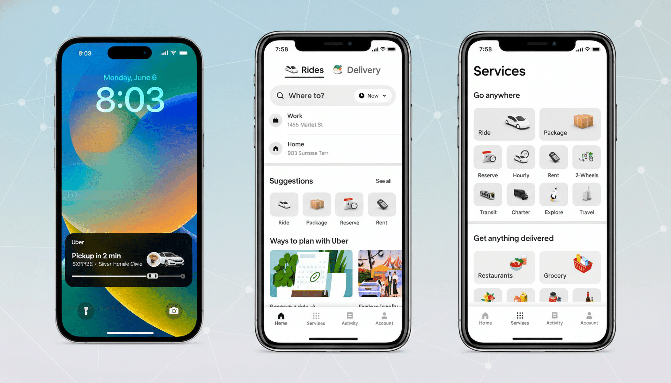 Three iPhones displaying the Uber app interface. The first phone shows the lock screen with an Uber pickup notification. The second and third phones show different sections of the Uber app, including ride and delivery options, and various services like package delivery, rentals, and food ordering.