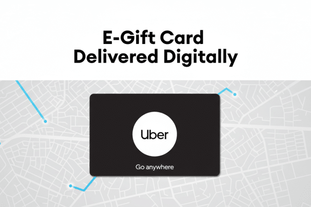 An Uber e-gift card displayed on a map background with the text E-Gift Card Delivered Digitally above it.