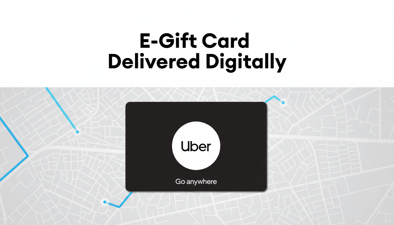 An Uber e-gift card displayed on a map background with the text E-Gift Card Delivered Digitally above it.