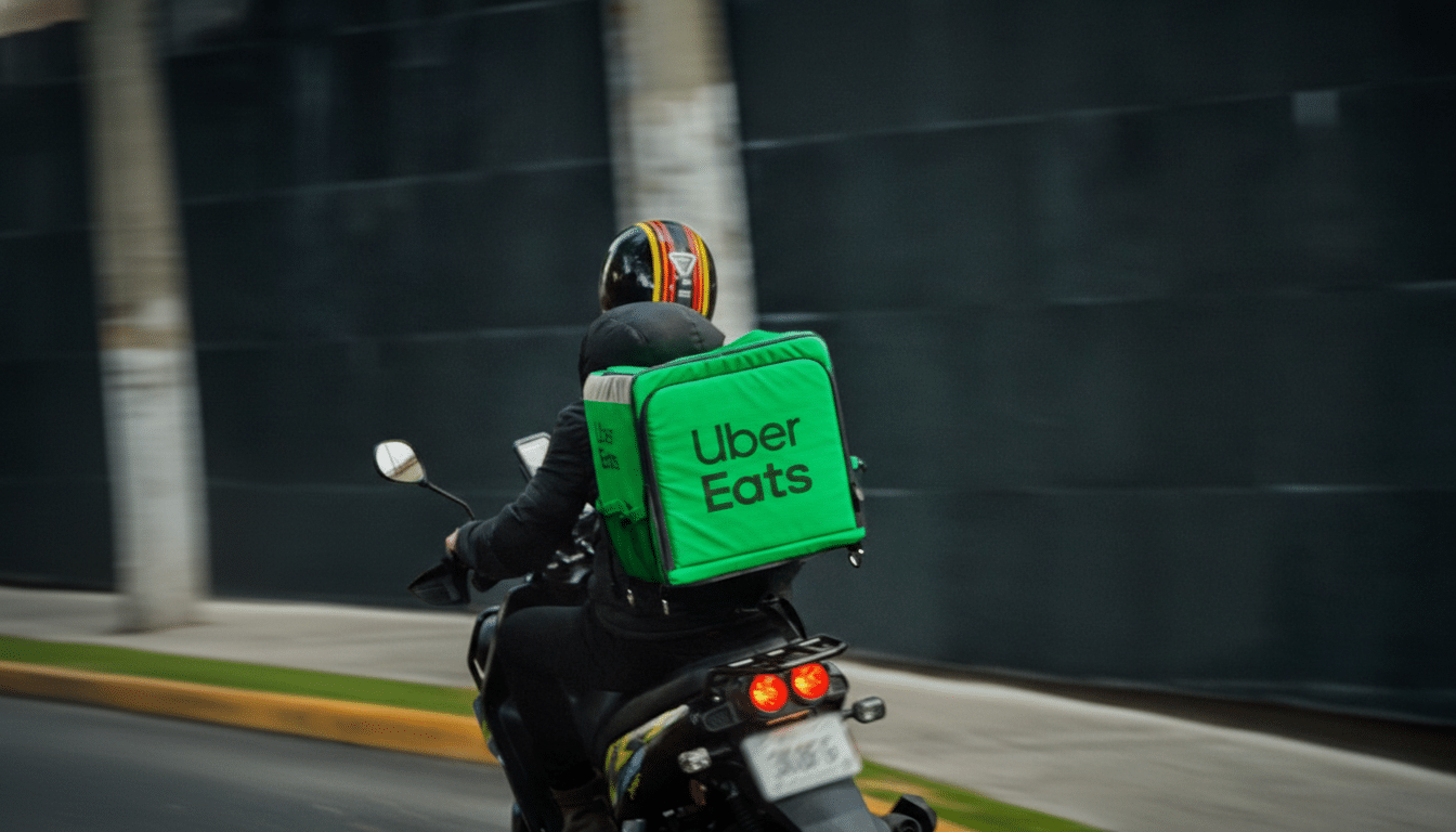 A person wearing a helmet and an Uber Eats delivery bag on their back, riding a scooter on a road.