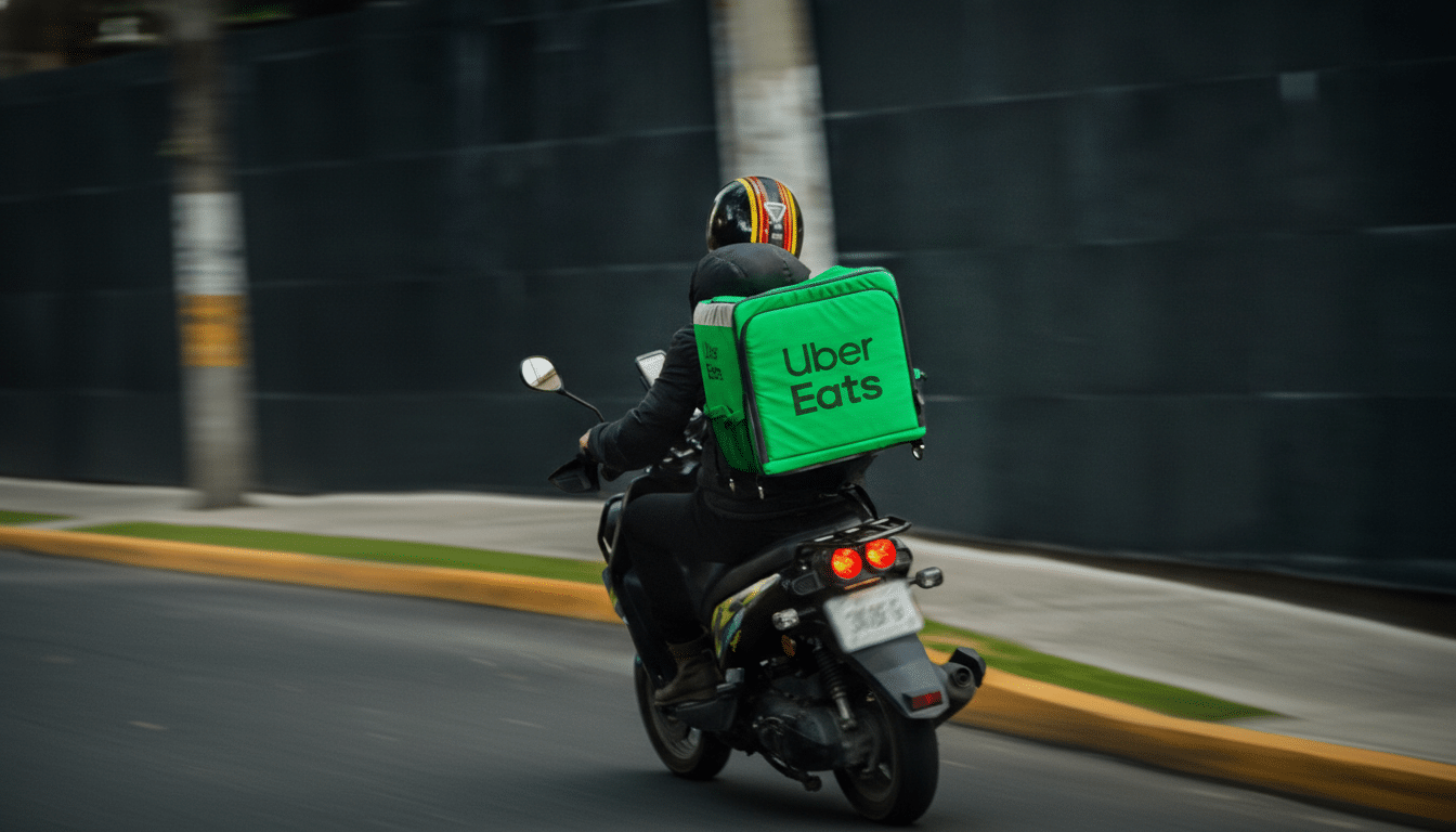 An Uber Eats delivery driver on a scooter, viewed from behind, with a green delivery bag on their back, riding on a street with a dark wall in the background.