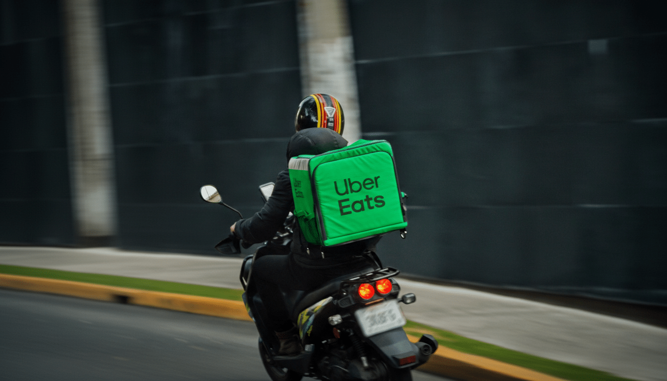 An Uber Eats delivery driver on a scooter, viewed from behind, with a bright green delivery bag.