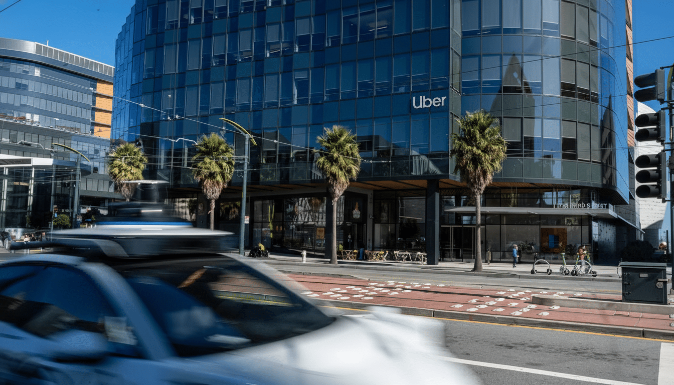 A blurred self-driving car in the foreground with the Uber headquarters building in the background, featuring palm trees and a street scene.