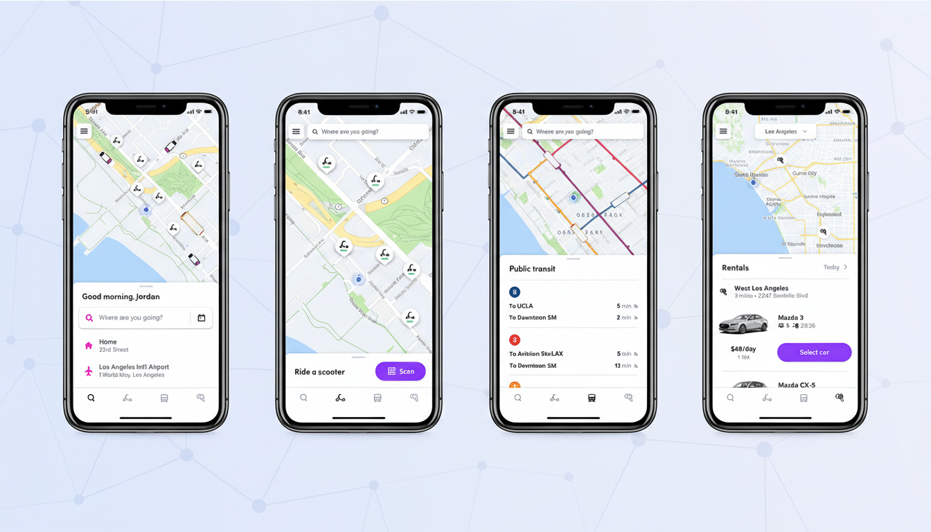 Four iPhones displaying a ride-sharing app interface, showcasing map views, public transit options, and car rental selections.