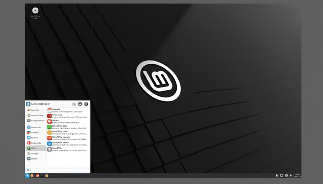 A screenshot of the Linux Mint desktop environment, showing the start menu open with various application categories and the Mint logo prominently displayed on a dark, textured background.