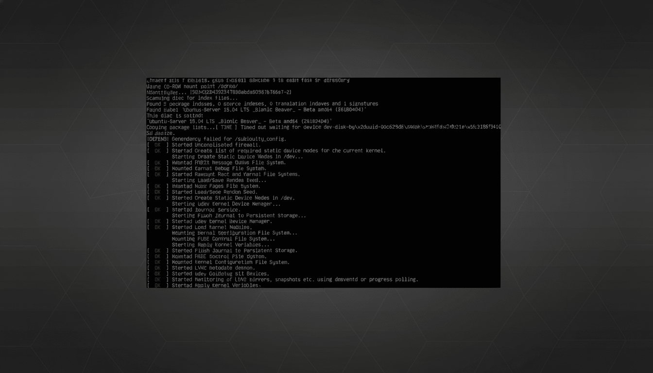 A screenshot of a terminal window displaying boot messages from Ubuntu Server 18.04 LTS Bionic Beaver, with various services starting up and showing OK status. The terminal is centered on a dark gray background with a subtle geometric pattern.