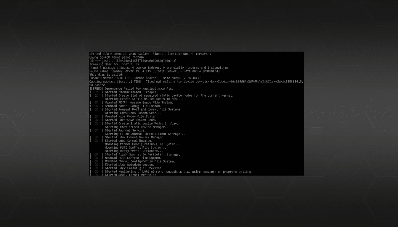 A terminal screen displaying boot messages from a Linux server, with a professional flat design background featuring soft patterns and gradients.