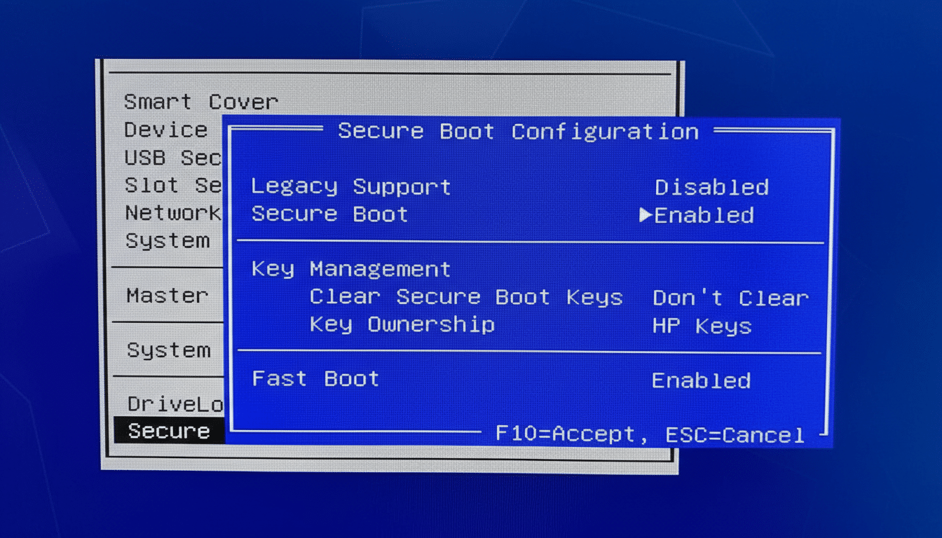 A computer screen displaying the Secure Boot Configuration menu in a BIOS/UEFI interface, with Secure Boot enabled and other options related to boot settings.