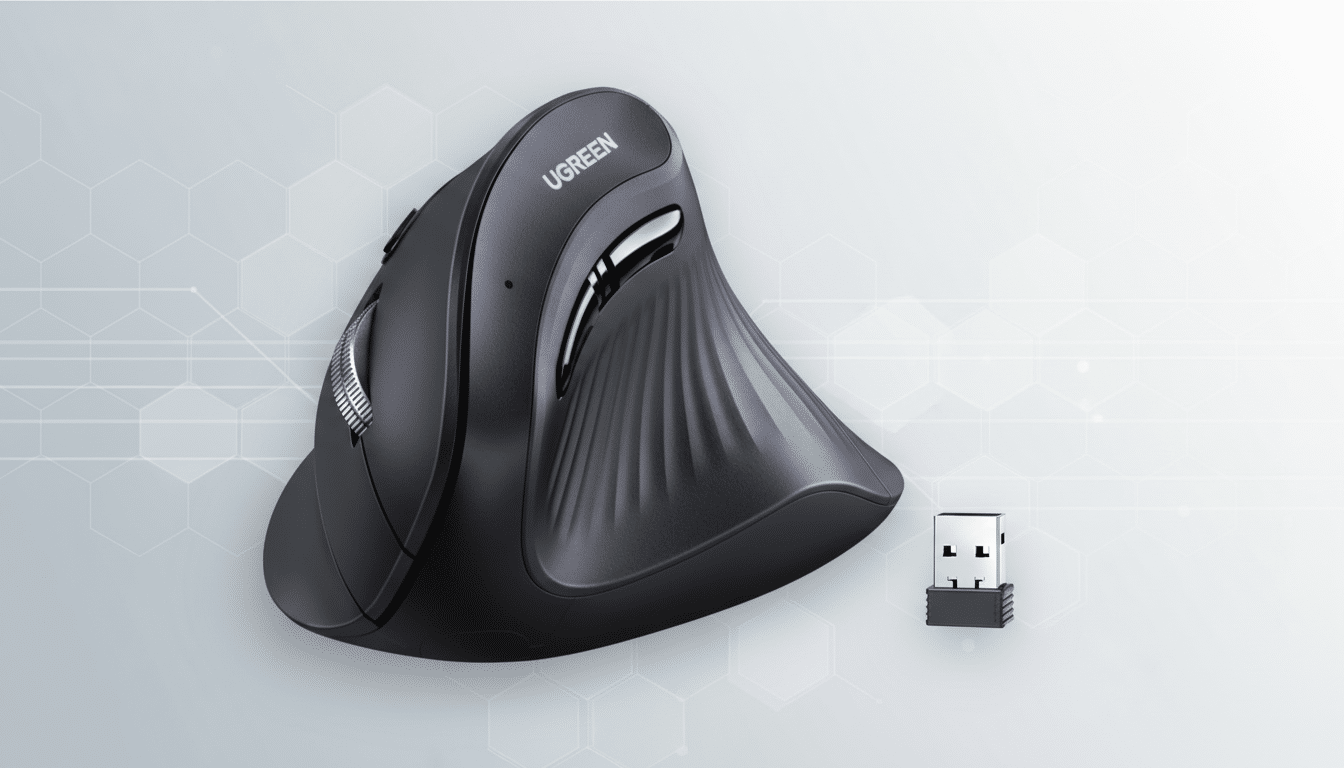 A black UGREEN ergonomic vertical mouse and its USB receiver are presented on a professional flat design background with soft hexagonal patterns and a subtle gradient.