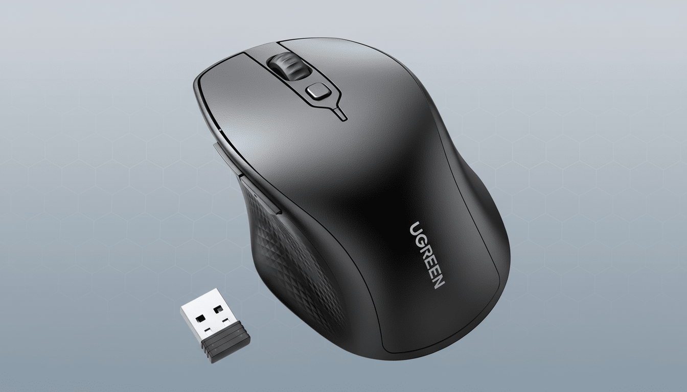 A black UGREEN wireless mouse and its USB receiver are presented on a professional flat design background with soft hexagonal patterns.