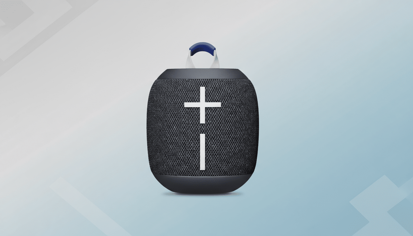 A dark gray portable speaker with a white plus and minus sign on the front, and a blue and white strap on top, set against a professional light blue and gray gradient background with subtle geometric patterns.