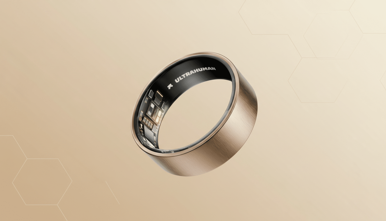 A rose gold Ultrahuman smart ring with internal sensors visible, presented on a professional flat design background with soft patterns and gradients.