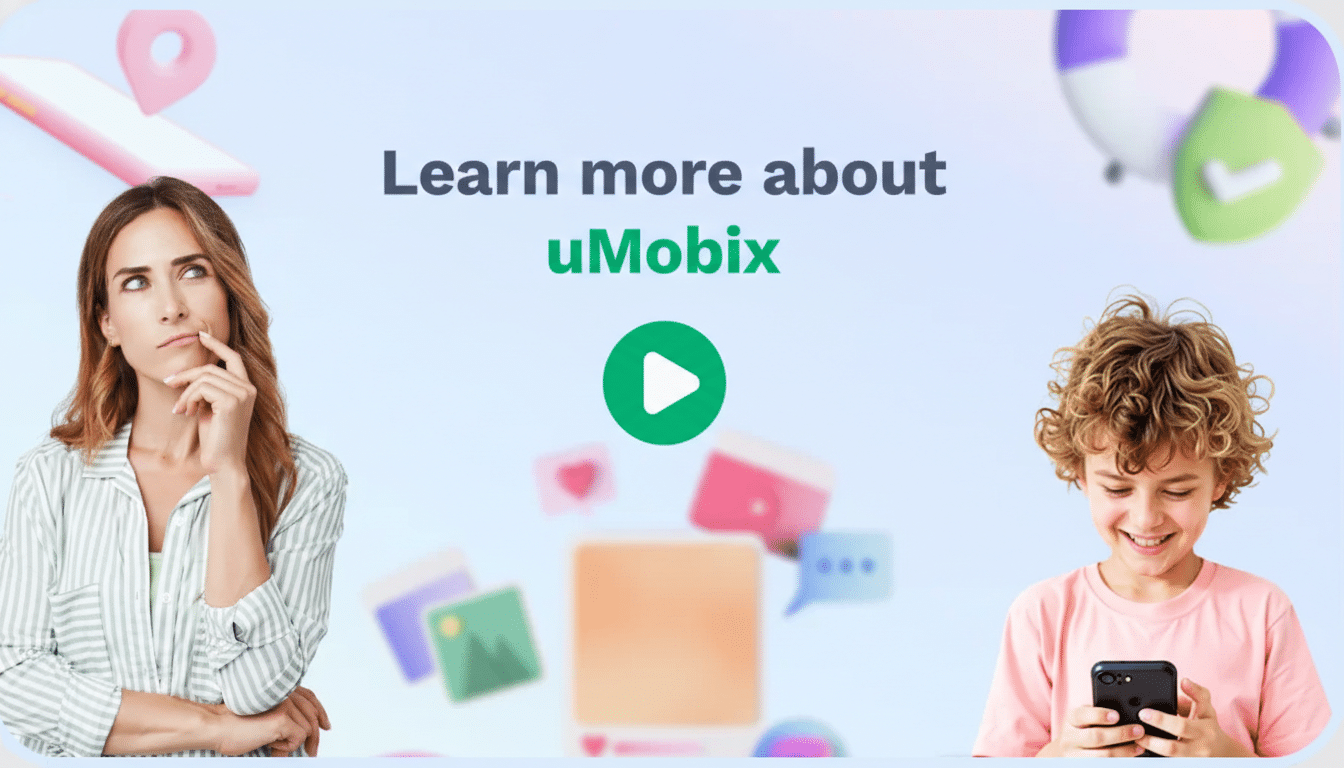 A woman looking thoughtful and a boy smiling while looking at a phone, with the text Learn more about uMobix and a play button in the center.