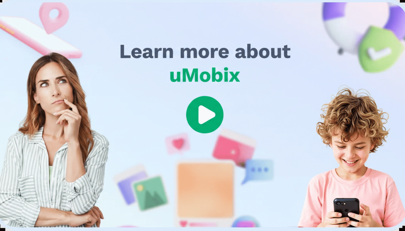 A woman on the left with a thoughtful expression and a boy on the right smiling while looking at a smartphone. The background features blurred digital elements and the text Learn more about uMobix with a green play button.