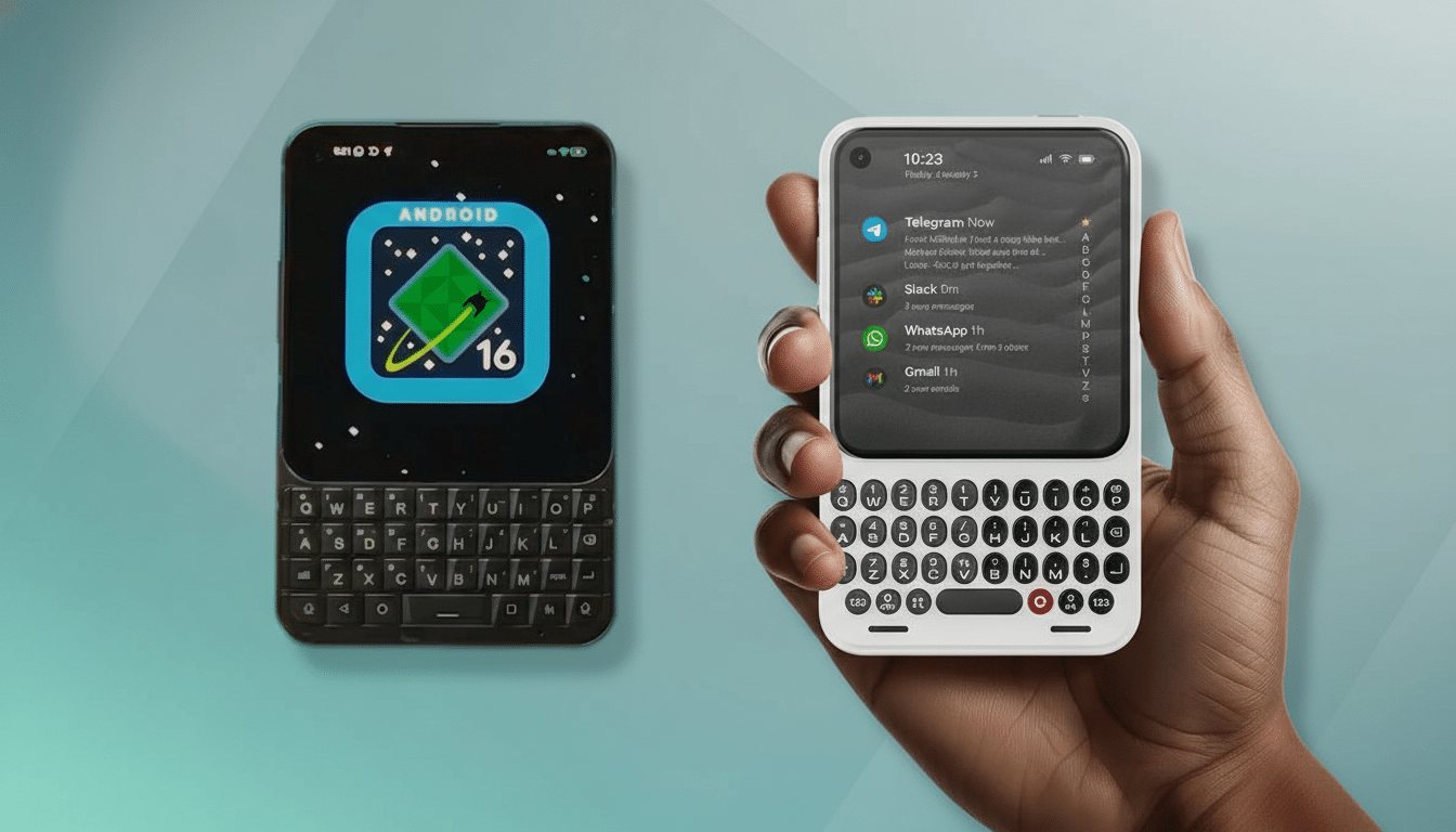 Two small smartphones with physical keyboards are displayed. The phone on the left shows an Android 16 icon, and the phone on the right is held by a hand, displaying a notification screen with messages from Telegram, Slack, WhatsApp, and Gmail.