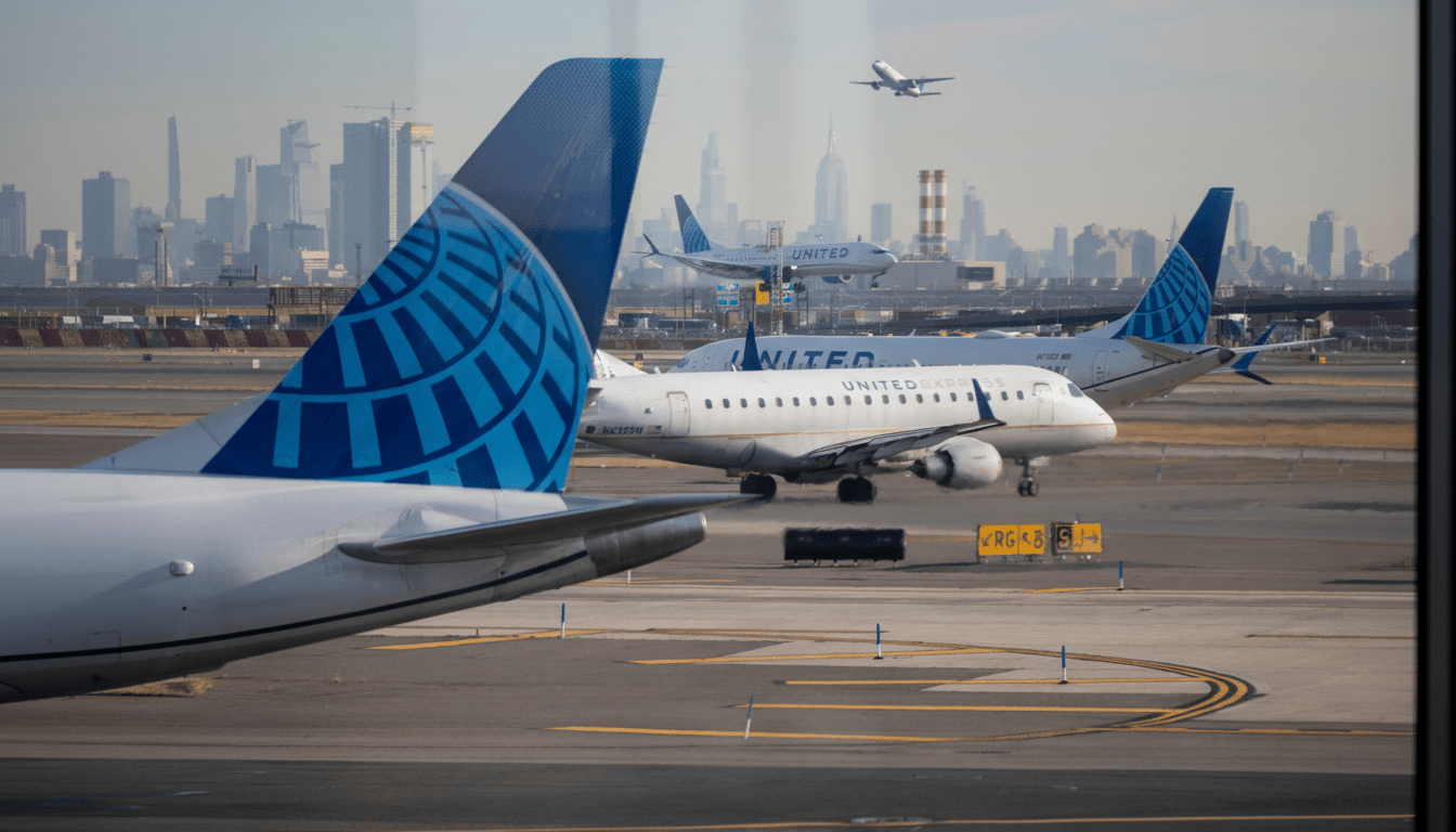 A professional, enhanced image of several United Airlines planes on an airport tarmac, with a city skyline in the background, resized to a 16:9 aspect ratio.