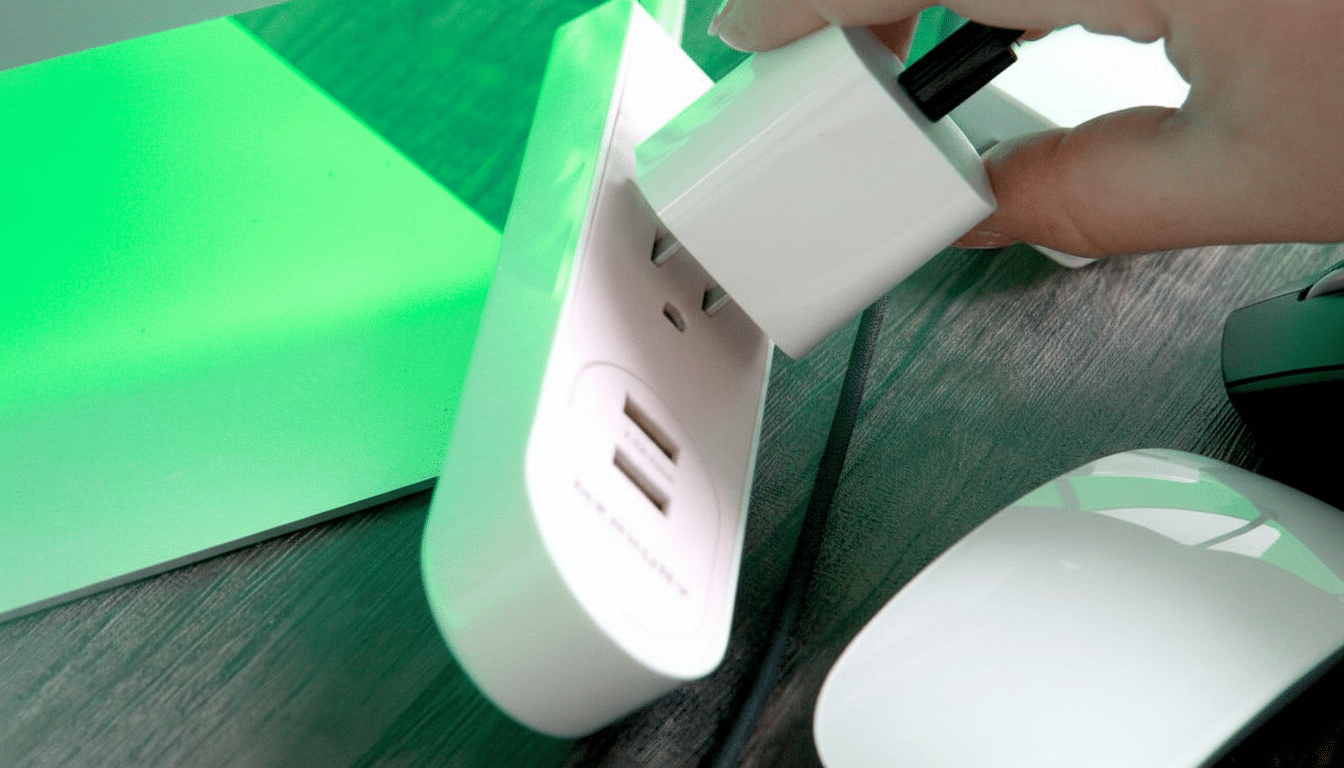 A hand plugging a white charger into a white power strip with USB ports, next to a green glowing object and a white computer mouse.