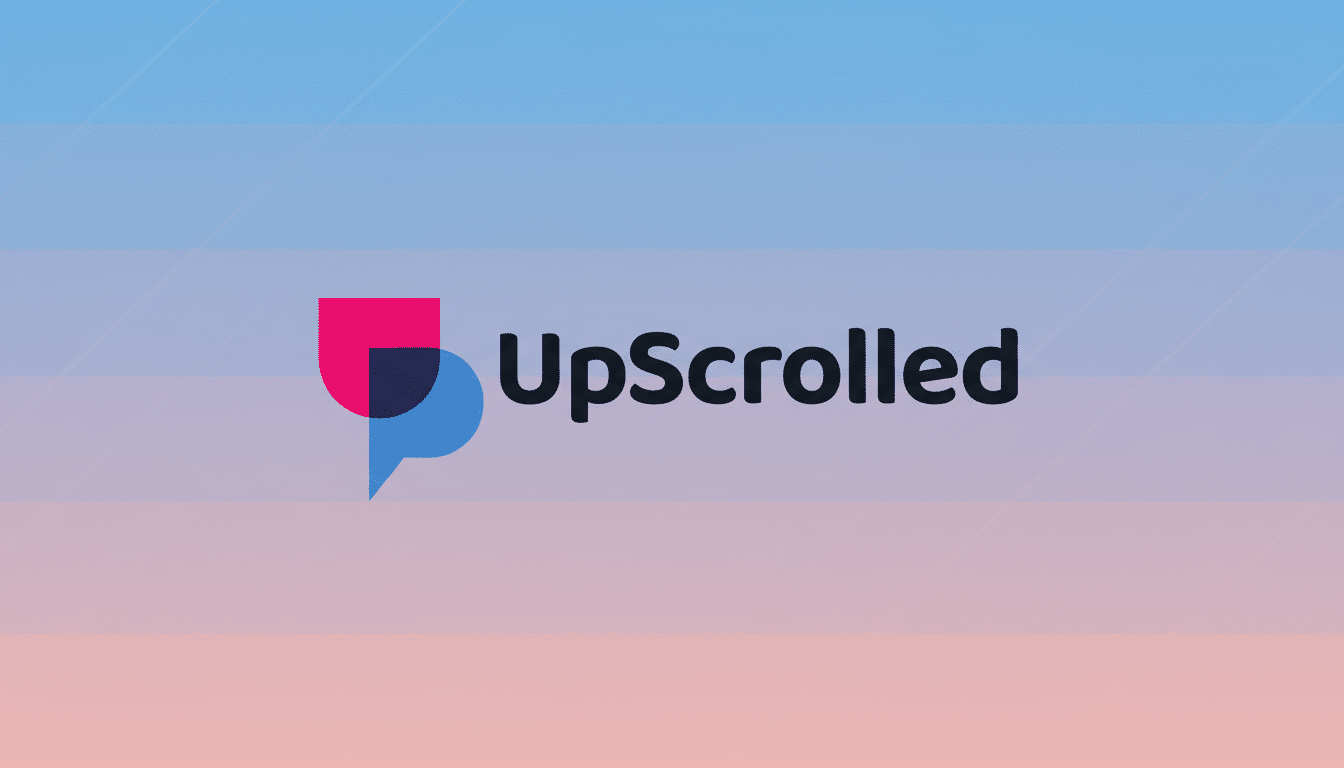The UpScrolled logo, featuring a pink and blue overlapping speech bubble icon next to the word UpScrolled in dark gray, presented on a professional 16:9 aspect ratio background with a soft blue and pink gradient and subtle diagonal line patterns.