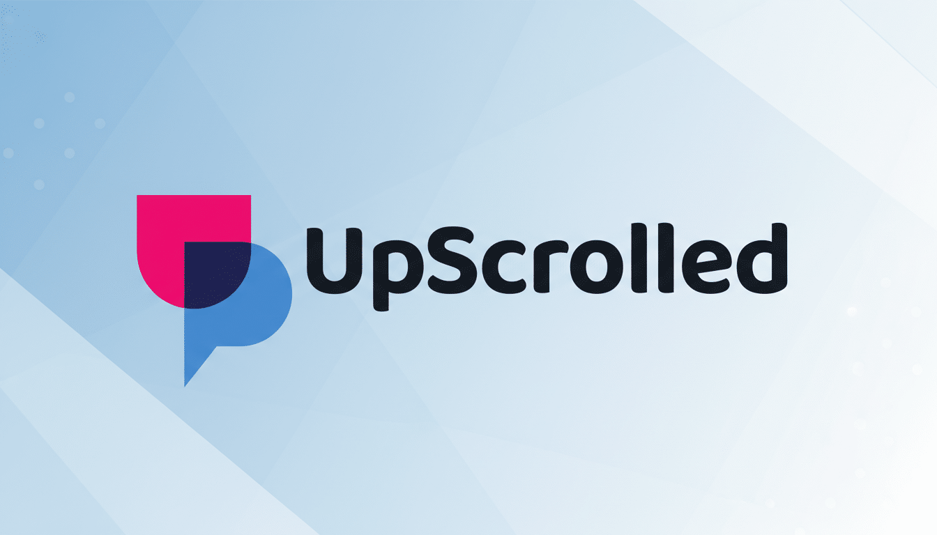 The UpScrolled logo, featuring a pink and blue overlapping speech bubble icon to the left of the dark gray text UpScrolled, presented on a professional light blue gradient background with subtle geometric patterns.