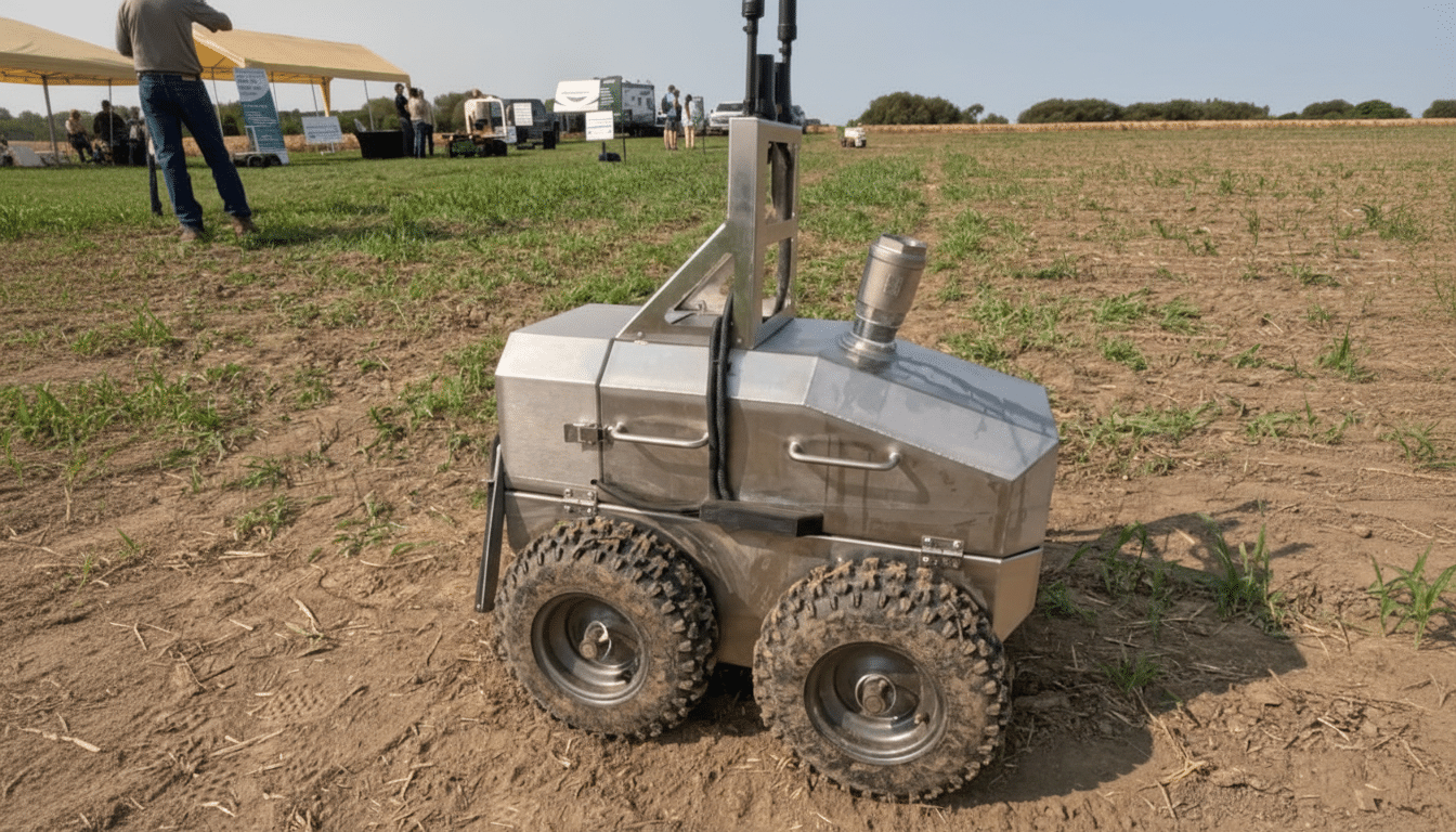 A silver agricultural robot with large, knobby tires stands in a field with sparse green plants and brown soil, under a clear sky. In the background, people and tents are visible.