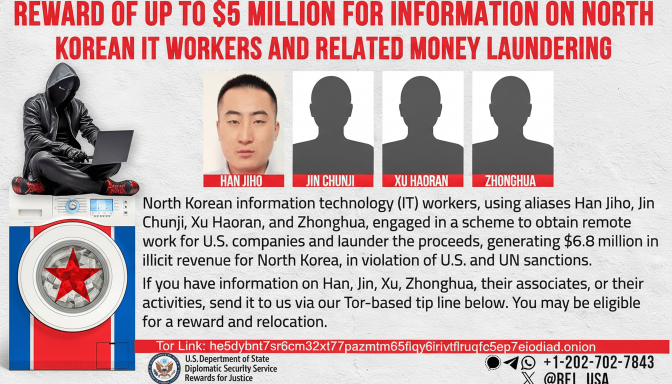 A poster offering a reward of up to $5 million for information on North Korean IT workers and related money laundering. The poster features text, images of individuals, and contact information.