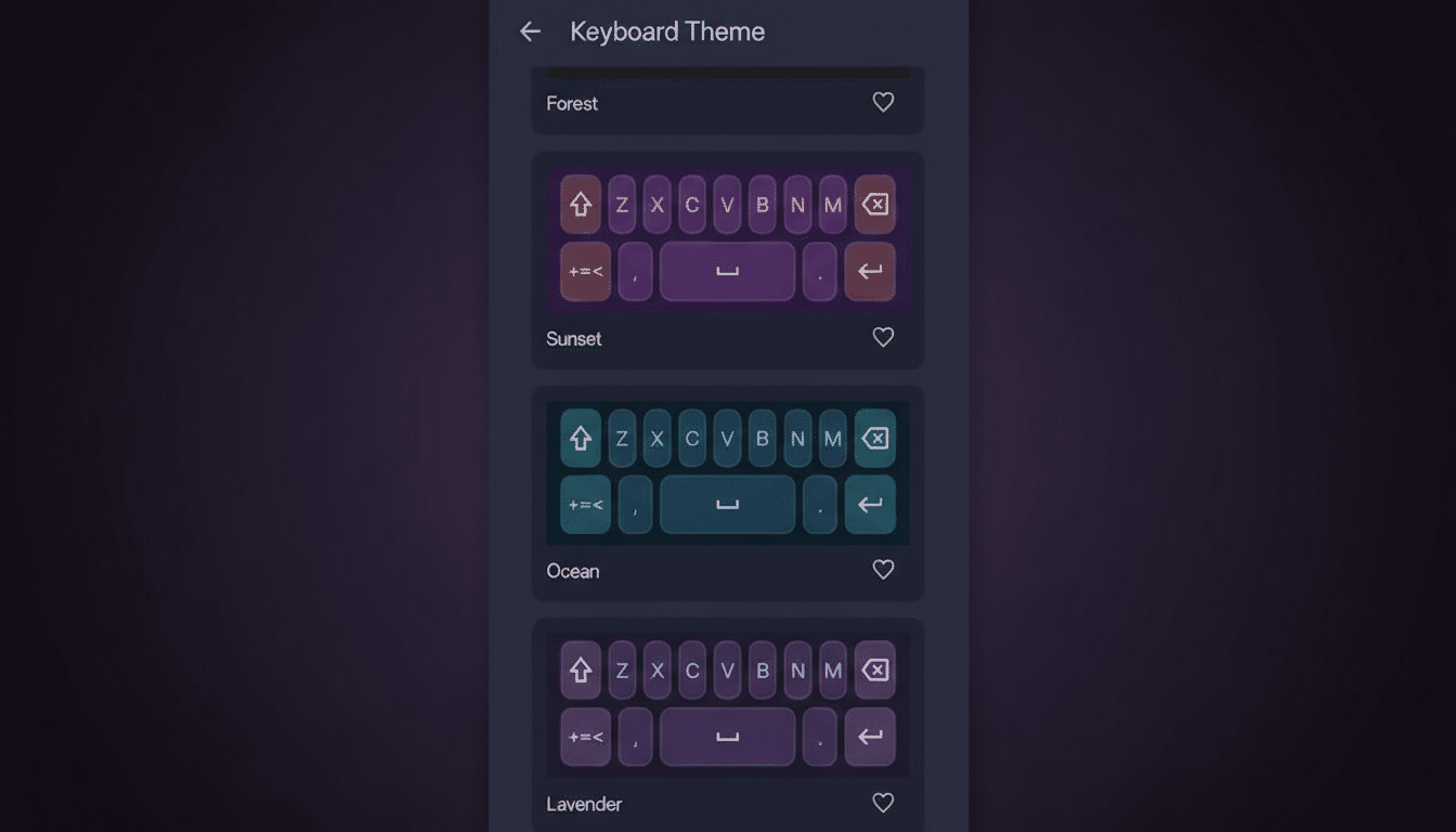 A mobile app screen showing different keyboard themes: Forest, Sunset, Ocean, and Lavender, with the Sunset theme highlighted.