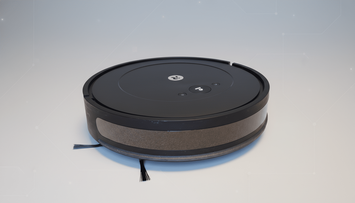 A black robotic vacuum cleaner with a textured brown side panel, presented on a clean, professional light gray background with subtle geometric patterns.