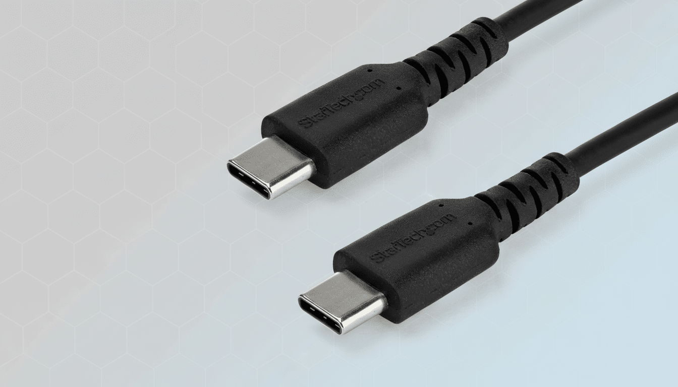 A black USB-C cable with two connectors, presented on a professional flat design background with soft patterns and gradients.