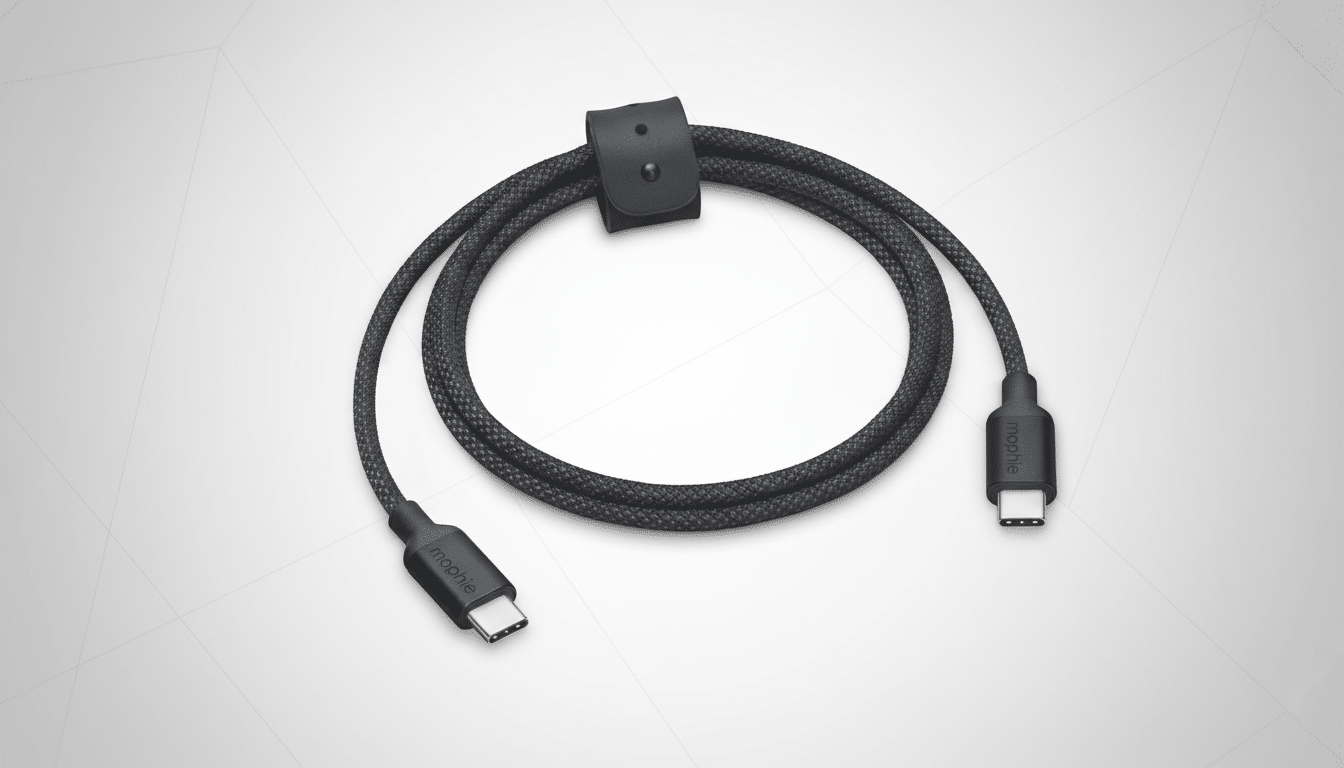 A black braided USB-C to USB-C cable with a leather strap, coiled on a light gray background with subtle geometric patterns.