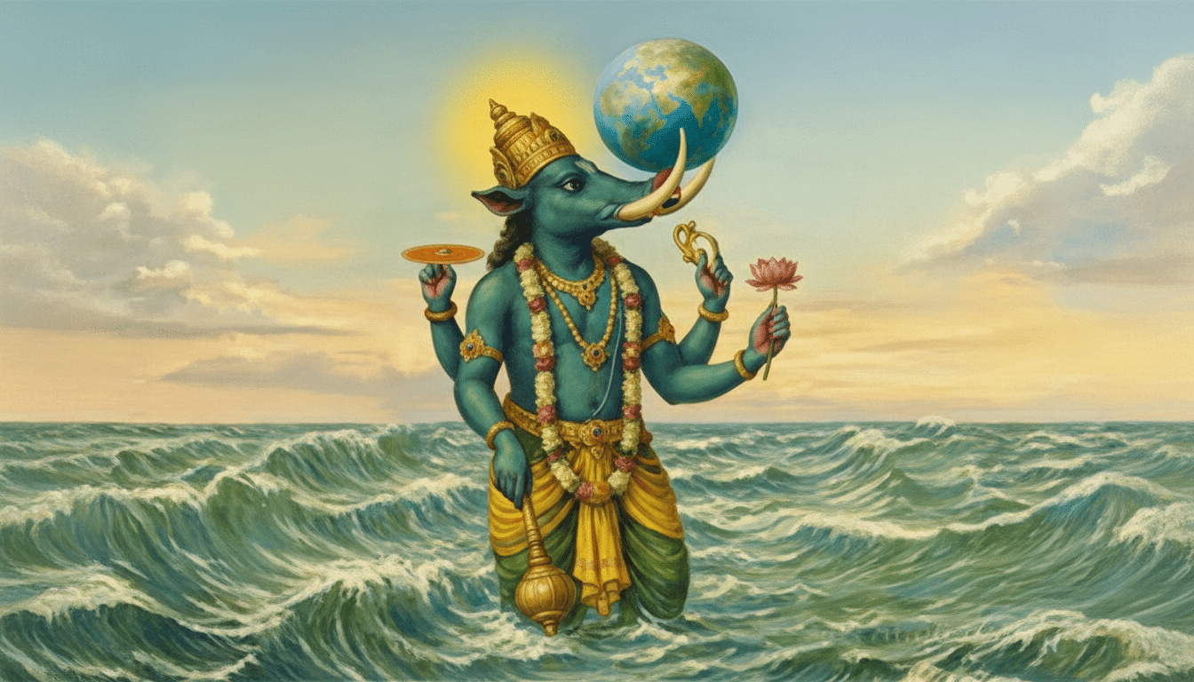 A blue-skinned deity with a boars head, adorned with gold jewelry and a crown, stands in the ocean holding a globe on one tusk and various objects in its four hands, under a sunlit sky.