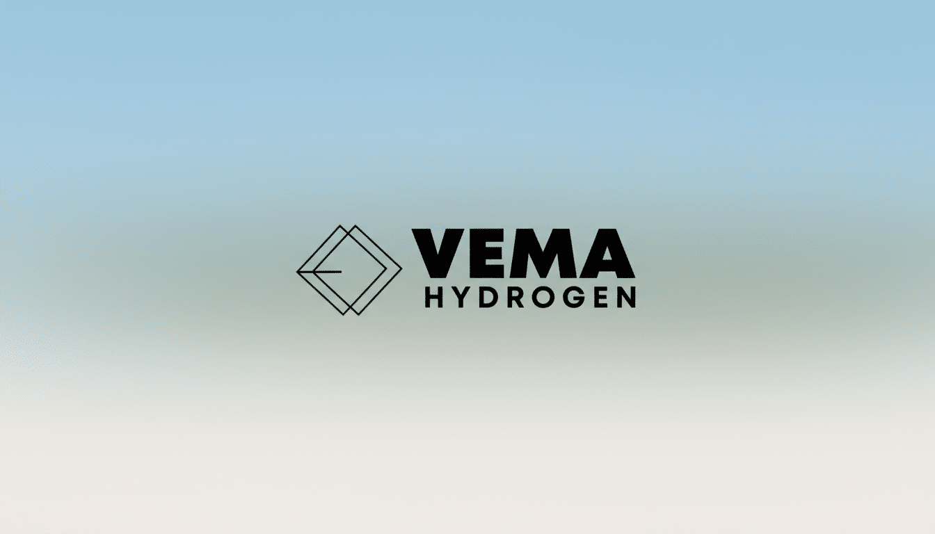 The VEMA HYDROGEN logo, featuring a stylized geometric icon and bold text, is presented on a professional 16:9 aspect ratio background with a soft blue and beige gradient.