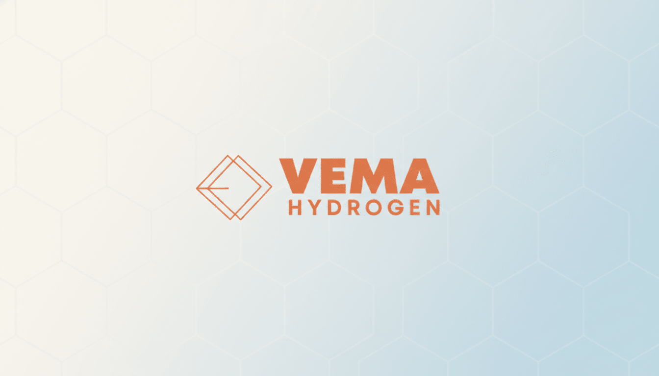 The VEMA HYDROGEN logo, featuring an orange geometric design and text, centered on a light blue and white gradient background with a subtle hexagonal pattern.