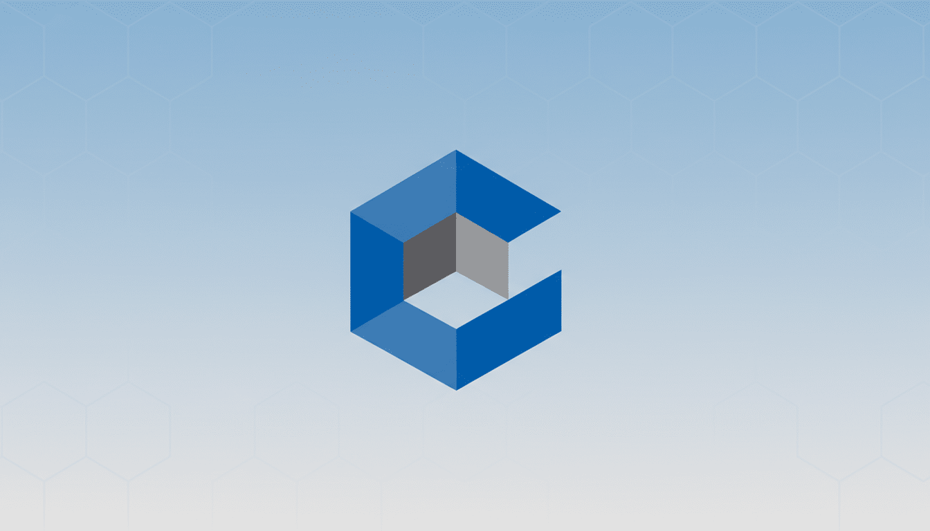 A blue and gray abstract cube logo centered on a light blue background with subtle hexagonal patterns.