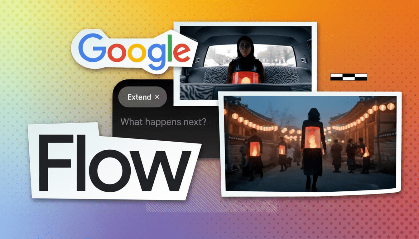 A collage of images including the Google logo, the word Flow, and two scenes featuring people with glowing red lanterns on their backs, set against a vibrant orange and purple gradient background.