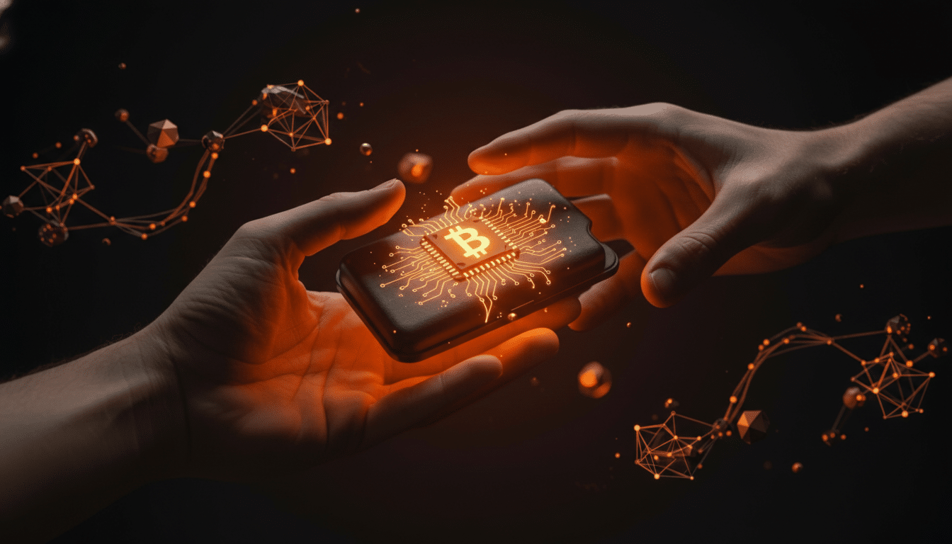 Two hands exchanging a device with a glowing Bitcoin symbol and circuit board design, set against a dark background with abstract orange glowing network connections.