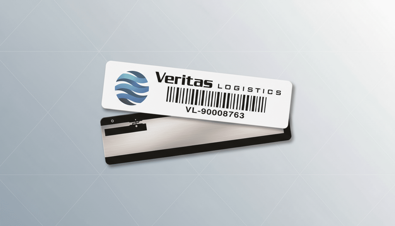 A Veritas Logistics name tag with a barcode and the ID VL-90008763, presented on a professional flat design background with soft patterns.