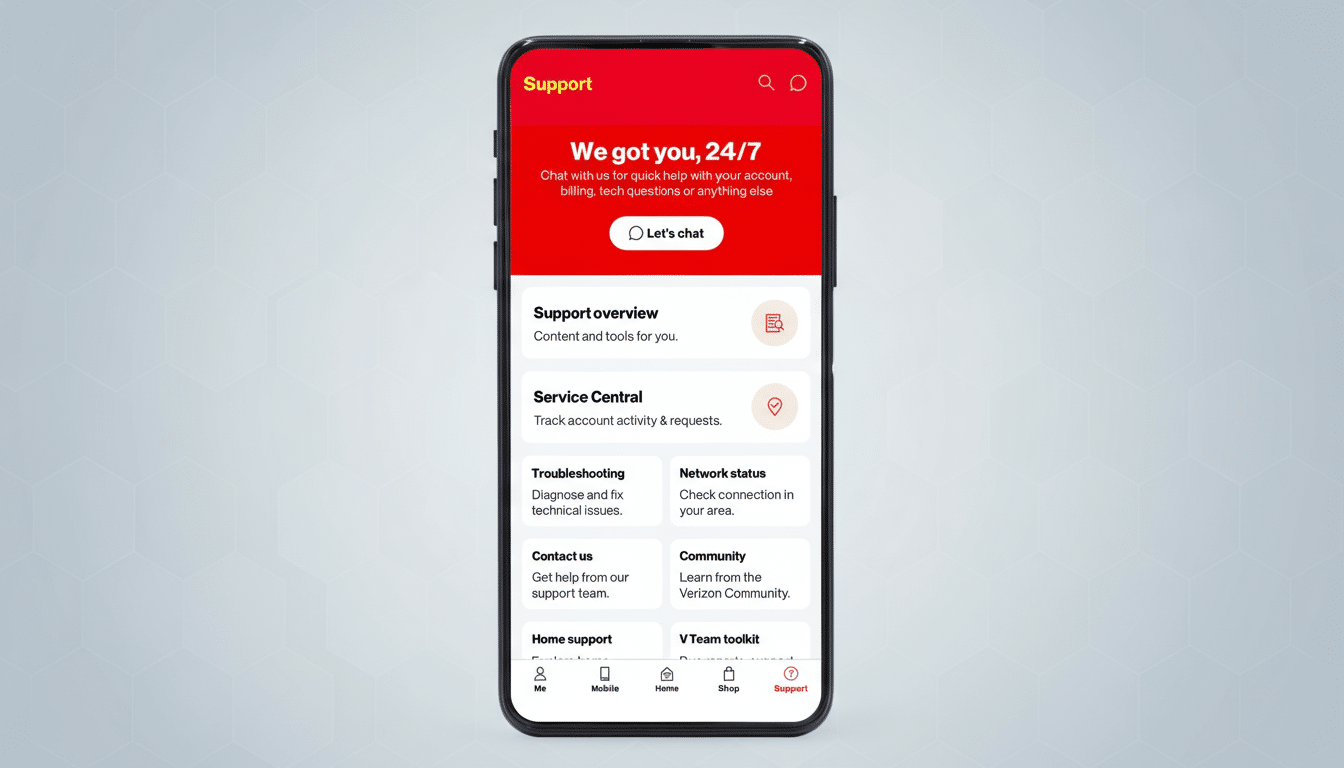 A smartphone displaying the Verizon support app interface, set against a professional flat design background with subtle geometric patterns.