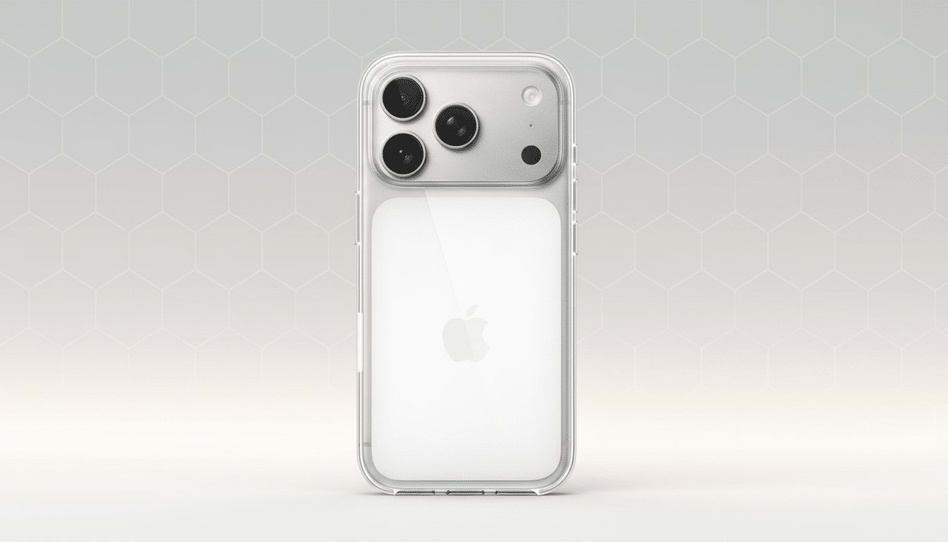 A white iPhone with a clear case, featuring three camera lenses and the Apple logo, set against a professional light gray background with a subtle hexagonal pattern.