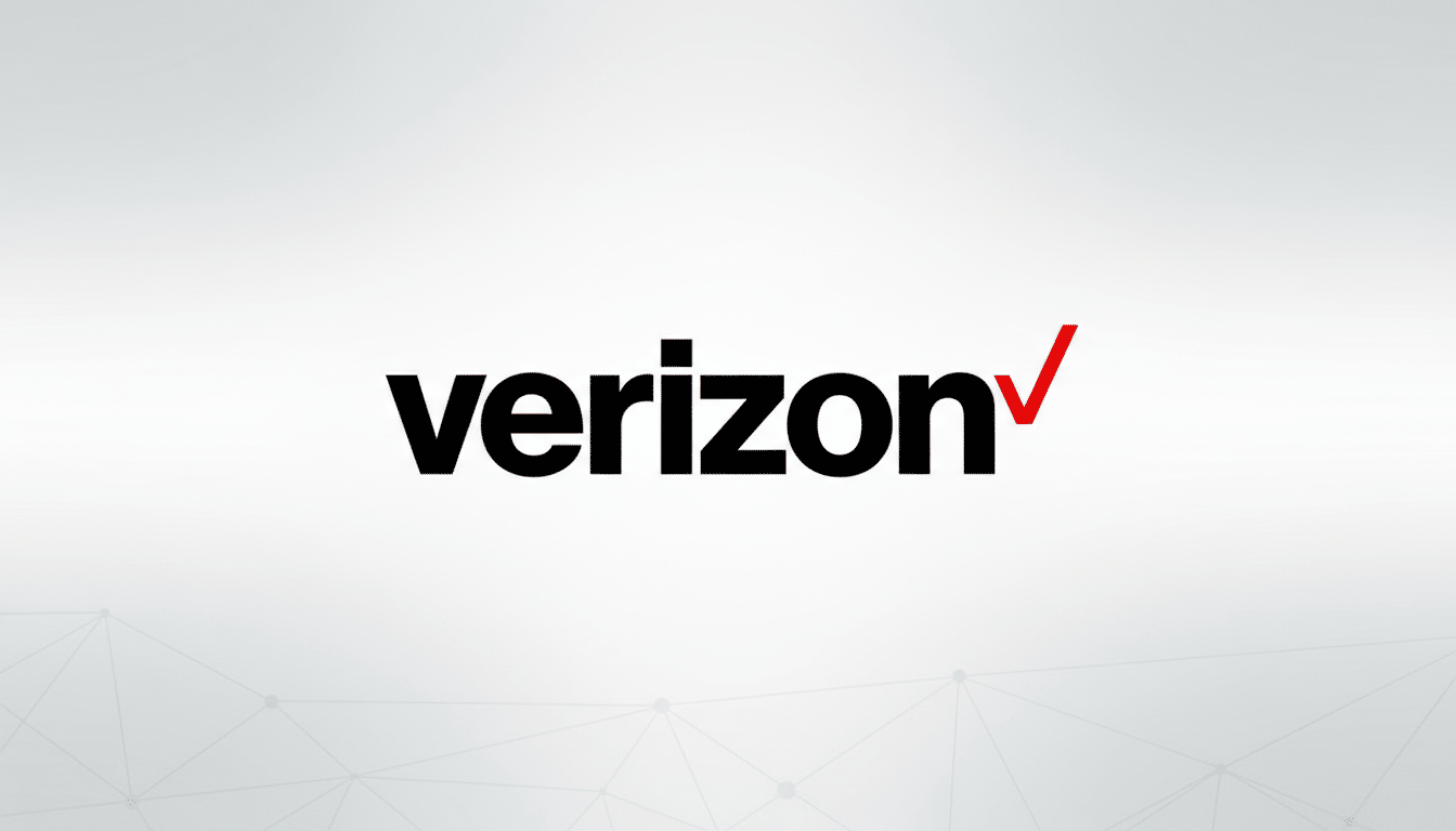The Verizon logo, featuring the word verizon in black lowercase letters with a red checkmark at the end, centered on a professional light gray background with subtle geometric patterns.