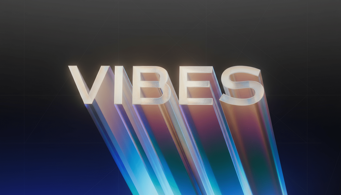 The word VIBES in a stylized, iridescent 3D font, with light blue and purple gradients extending downwards, set against a dark background.